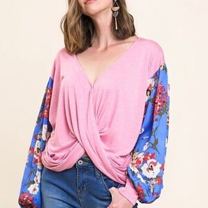 Floral Long Puff Sleeve Knit V-Neck Criss Cross Front Top-Pink